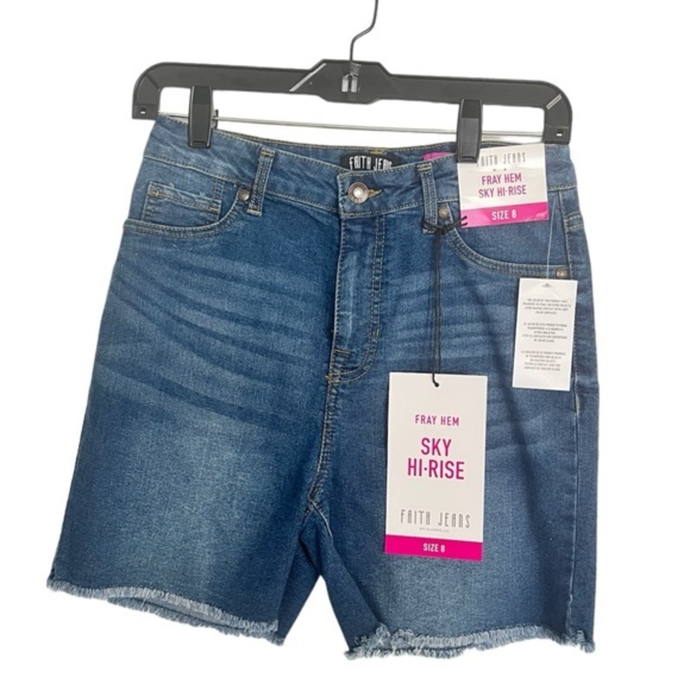 Fray Hem Sky Hi Rise Cotton Blend Denim Shorts